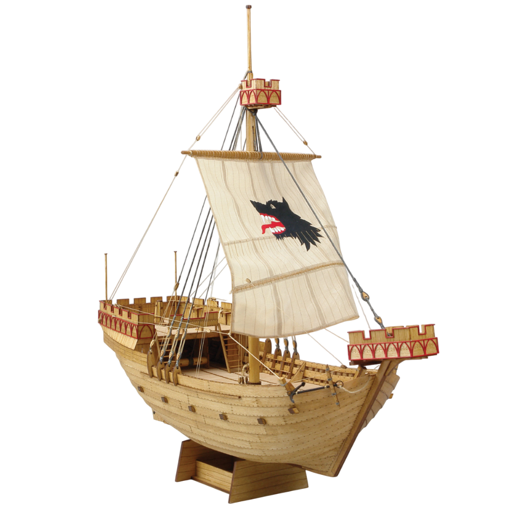 Photo of Wütender Hund - Kogge von 1390, a 1:72 scale wooden model ship kit, featuring laser-cut parts, engraved planks, rigging accessories, and detailed historical design.