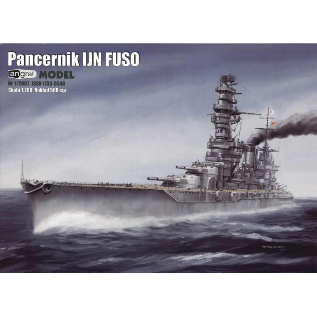 Photo of IJN Fuso 1:200 scale card model kit by Angraf Publishing showing detailed printed parts and packaging.