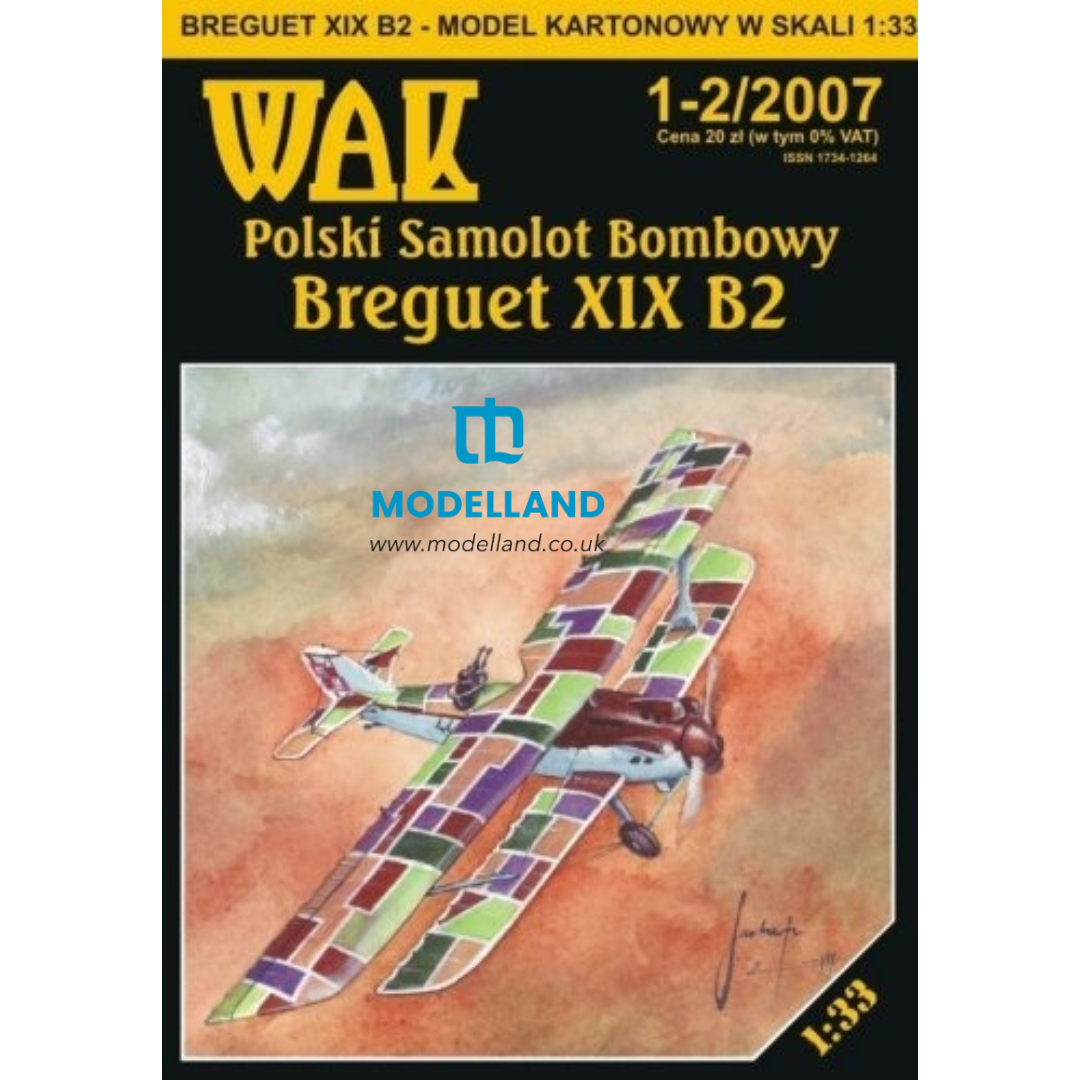Front cover of a WAK model kit box for the Polish bomber Breguet XIX B2, scale 1:33. The box features a black background with yellow text, a blue Modelland watermark, and an illustration of a multi-colored patchwork biplane flying against a warm sky.