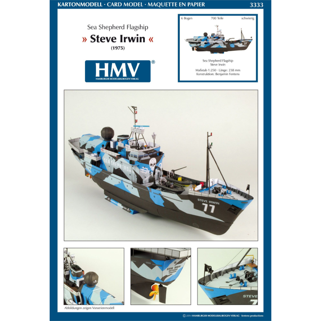 Photo of HMV MV Steve Irwin Sea Shepherd 1:250 card model kit with laser cut detail set
