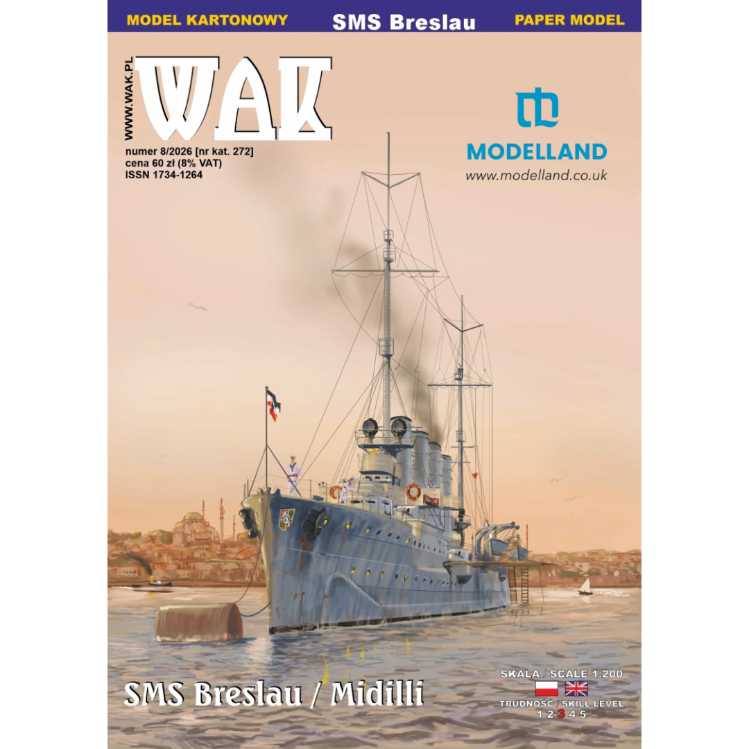 Cover of a WAK model kit packaging for SMS Breslau / Midilli, featuring a painted naval ship illustration on a warm beige background with blue header text and the Modelland logo.
