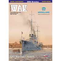Cover of a WAK model kit packaging for SMS Breslau / Midilli, featuring a painted naval ship illustration on a warm beige background with blue header text and the Modelland logo.