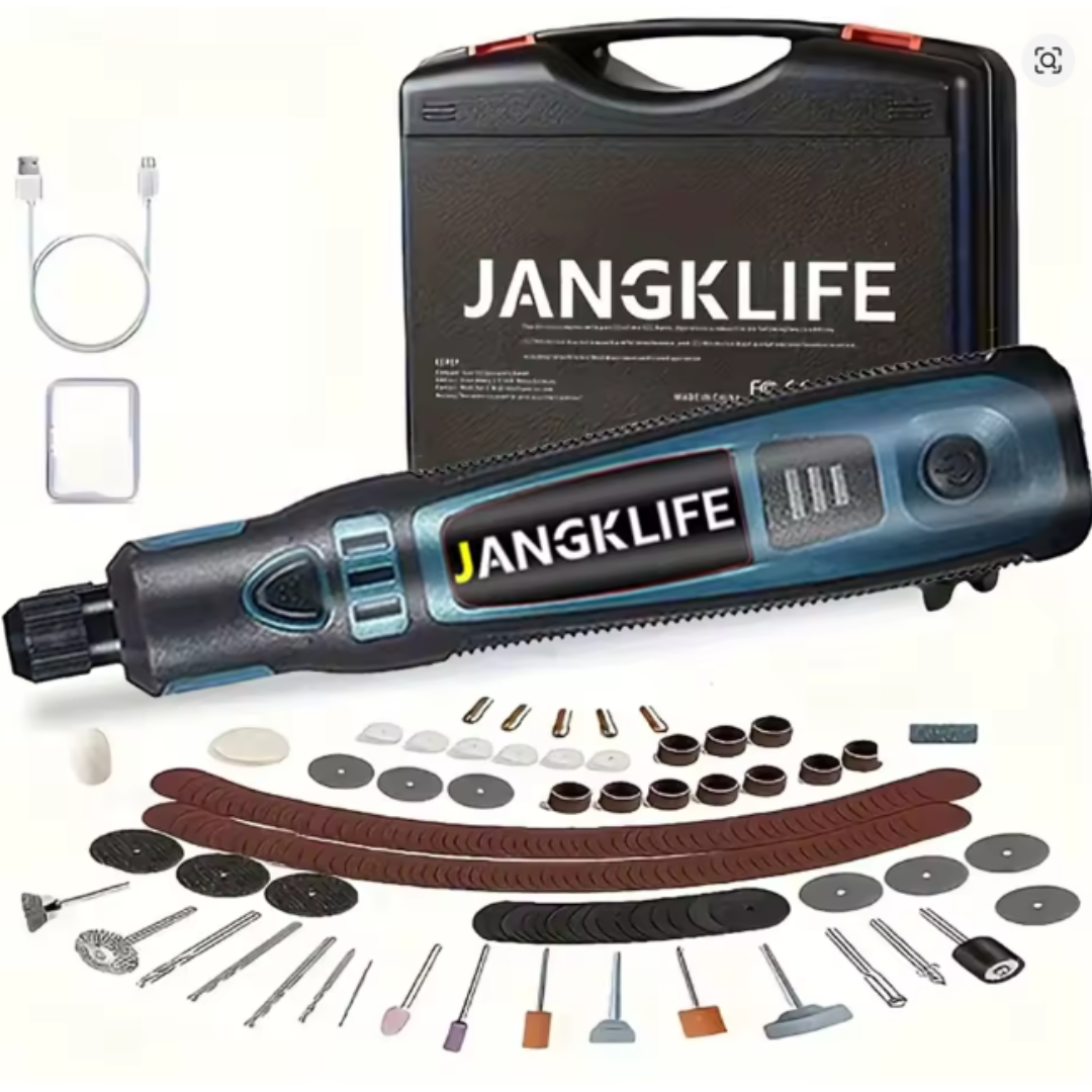 Photo of Cordless Rotary Tool Kit with case and accessories for woodworking, engraving, and DIY projects.