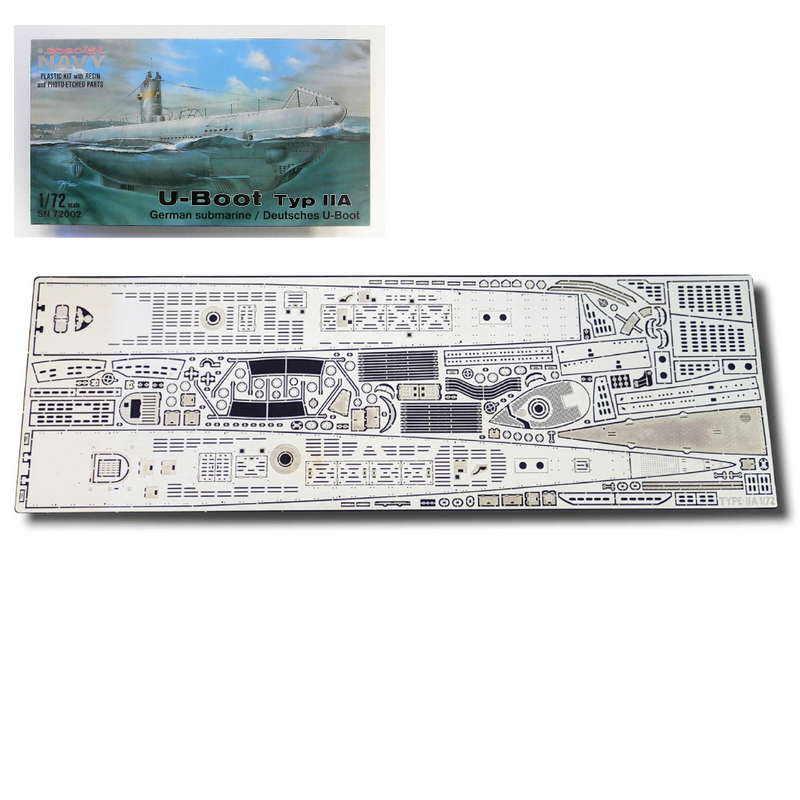 Photo of 1:72 scale photo-etched brass upgrade set for German U-Boat Type IIA, showing deck and conning tower detailing parts.