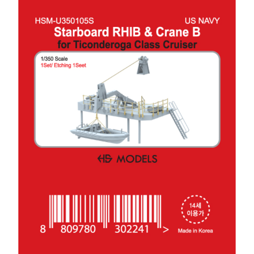 Photo of Starboard RHIB and Crane B photo etched set for Ticonderoga class cruiser 1:350 scale by HS Model