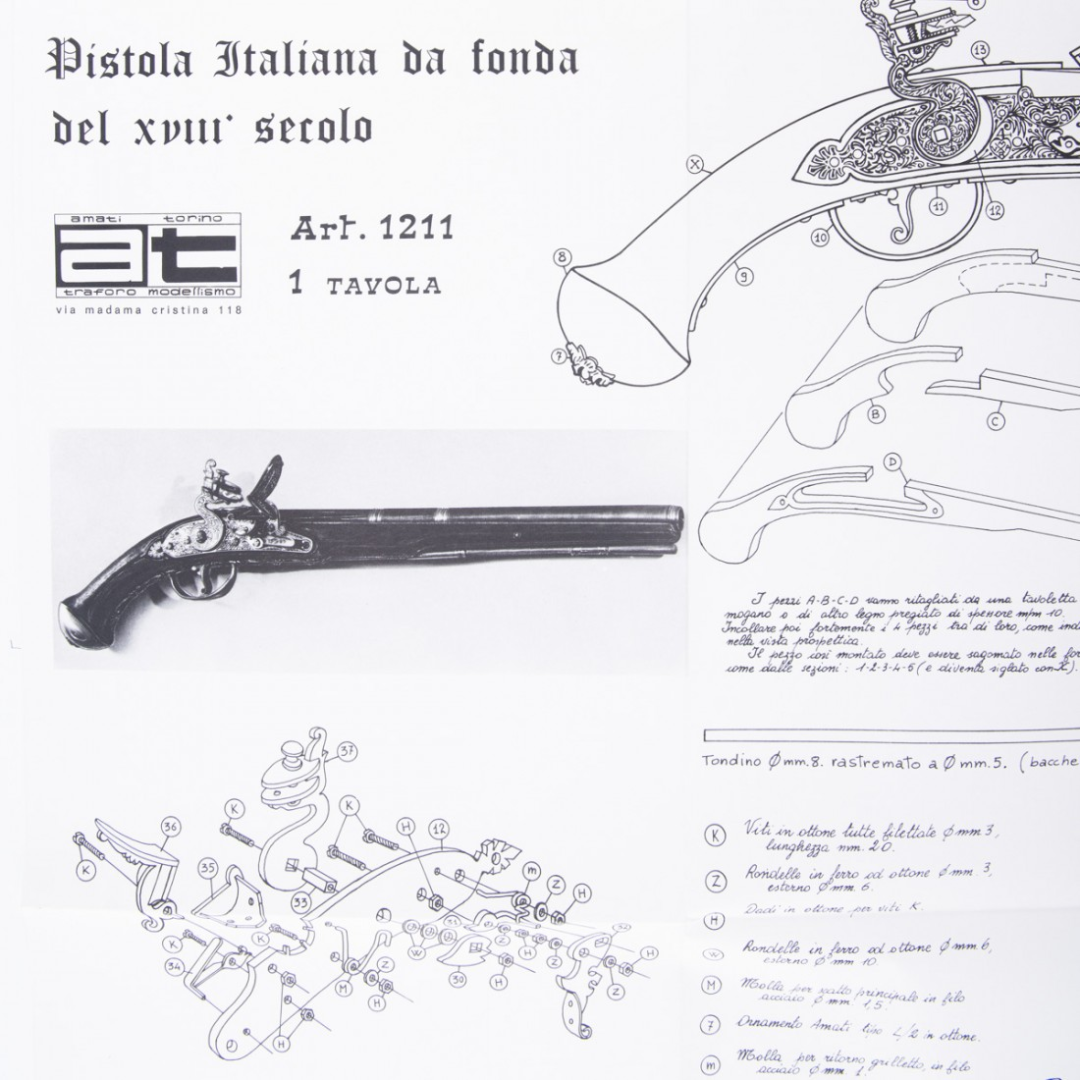 Photo of Amati B1211 Gun Rests Plan showing detailed 18th-century Italian pistol design for model ship building.