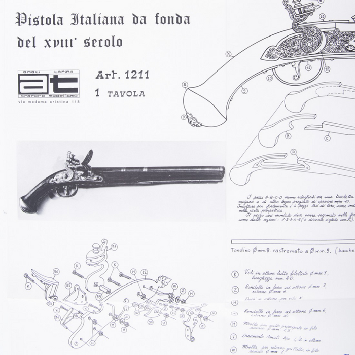 Photo of Amati B1211 Gun Rests Plan showing detailed 18th-century Italian pistol design for model ship building.