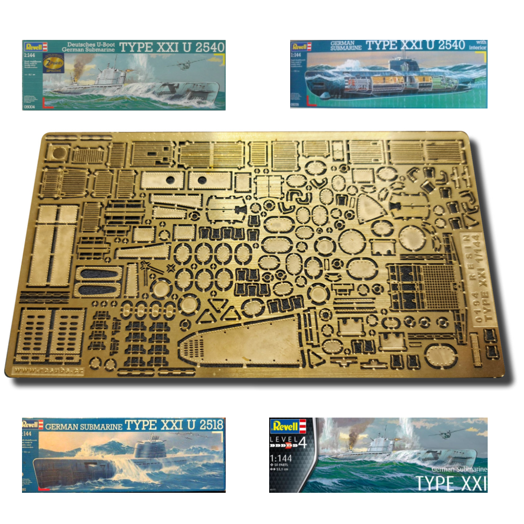 Photo of German U-Boat Type XXI 1:144 Revell detail set with photo-etched brass and 3D printed resin upgrade parts.