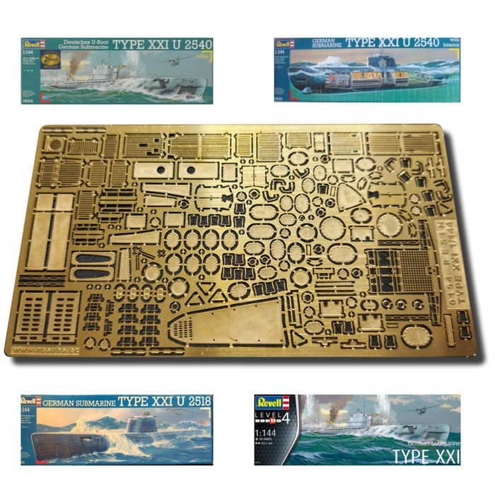 Photo of German U-Boat Type XXI 1:144 Revell detail set with photo-etched brass and 3D printed resin upgrade parts.