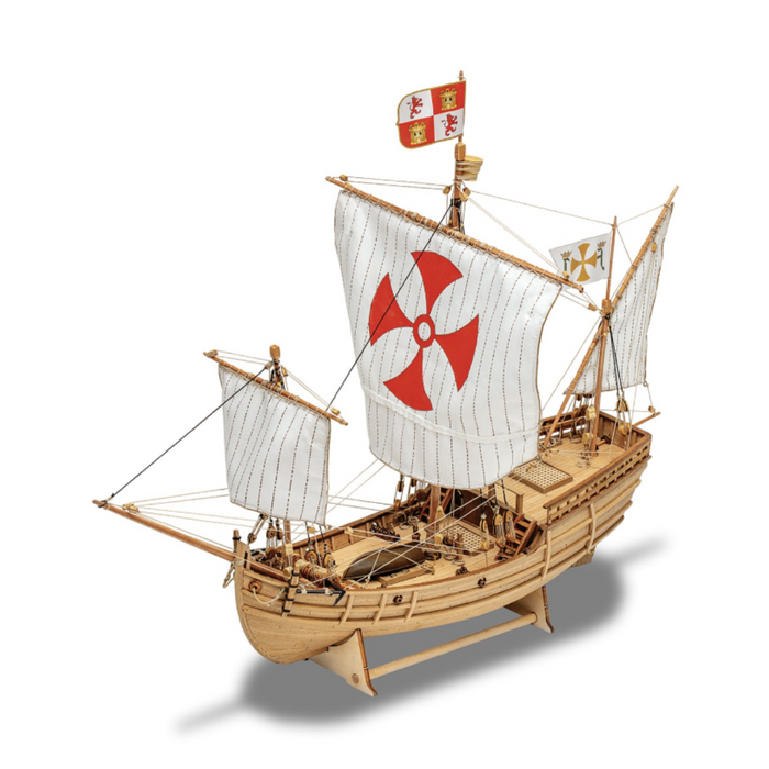 Photo of Amati's Pinta model, a detailed scale replica of the historic ship from Columbus's fleet, featuring intricate craftsmanship and authentic design elements in a 1/65 scale model.