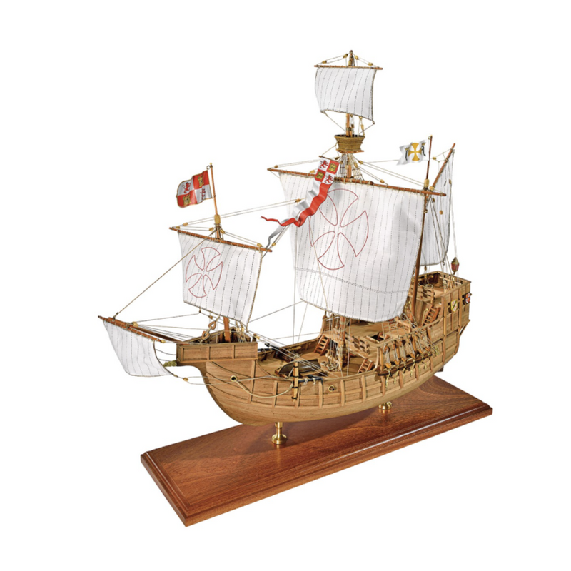 Photo of Amati's Santa Maria model ship, a detailed replica of Christopher Columbus's flagship, featuring intricate riggings, forecastle, and lateen sails, crafted with historical accuracy and high-quality materials.