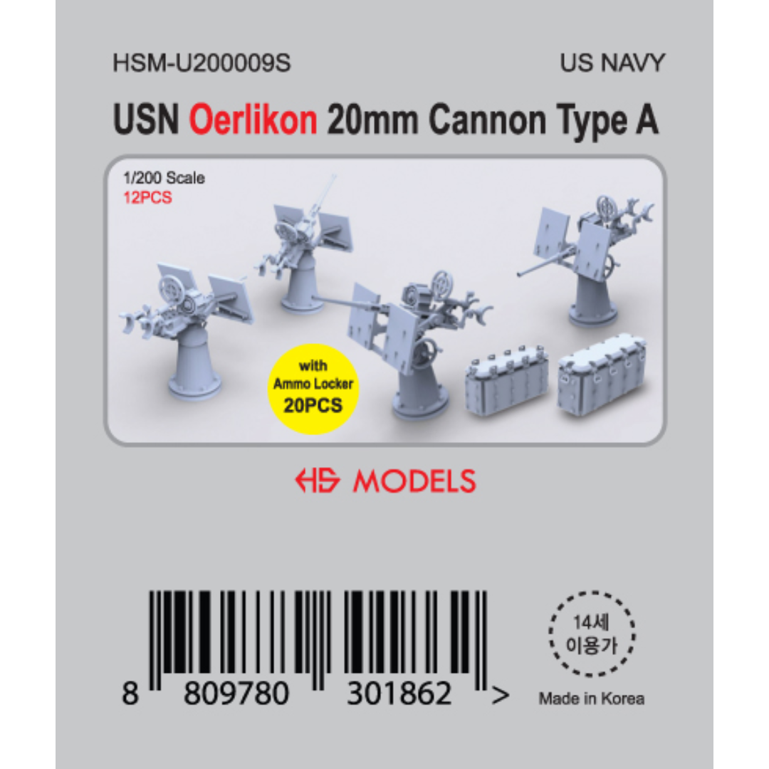 Photo of USN Oerlikon 20mm Cannon Type A 1:200 resin set with 12 cannons and 20 ammo lockers by HS Model