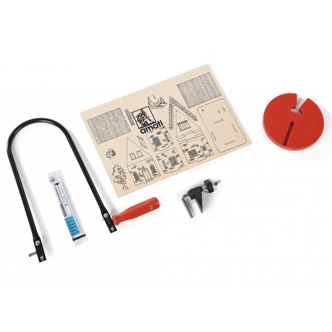 Photo of Amati Basic Jig Saw Set No.7001 wood fretwork starter kit for beginners, including saw, blades, bench, clamp, and plywood model.