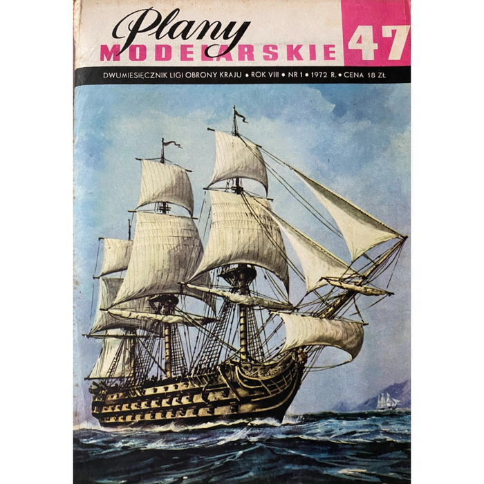 Vintage Polish magazine cover titled 'Plamy Modelarskie 47' featuring an illustration of a large sailing ship on blue water under a light sky.