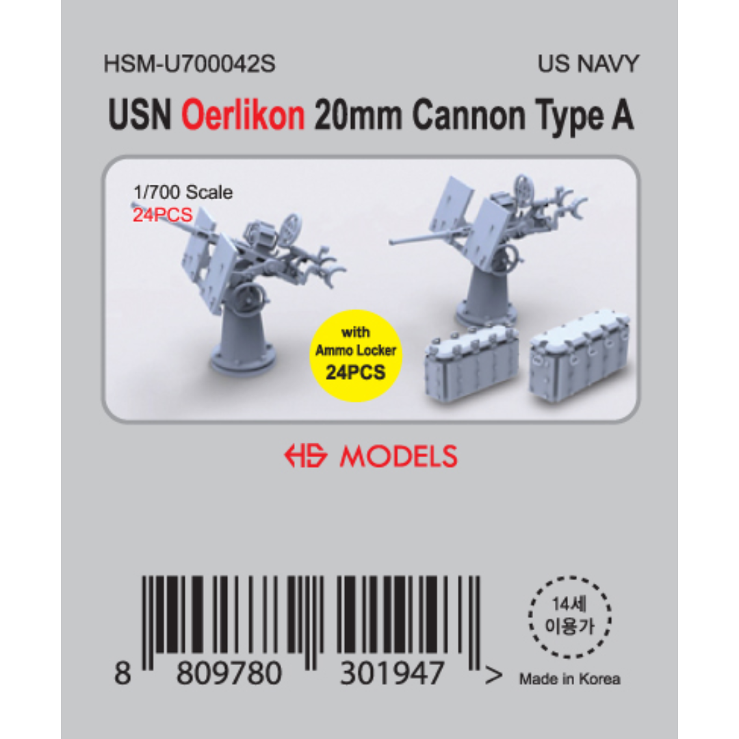 Photo of USN Oerlikon 20mm Cannon Type A resin set 1:700 scale by HS Model with 24 detailed AA guns