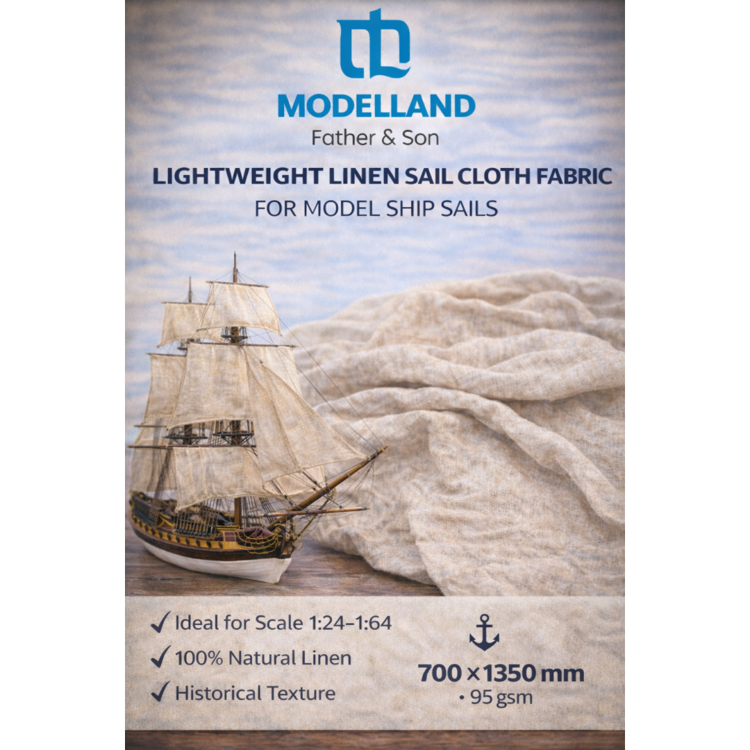 Photo of lightweight linen sail cloth fabric 95gsm for model ship sails 1:24–1:64 natural beige