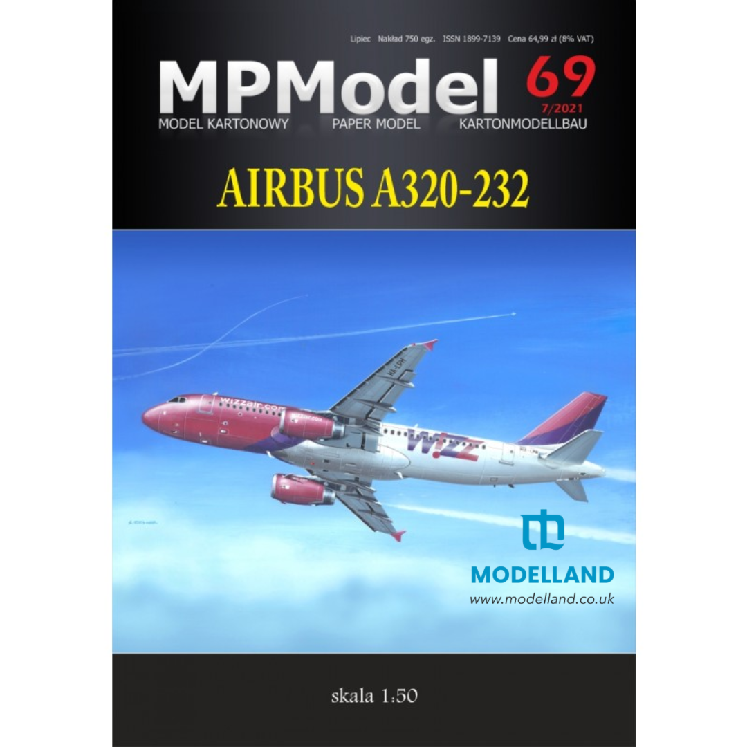Front cover of MPModel magazine issue 69, featuring an Airbus A320-232 model kit cover design with a printed illustration of the aircraft in flight. The cover includes MPModel branding, issue number 69, the aircraft model name, and the Modelland logo.