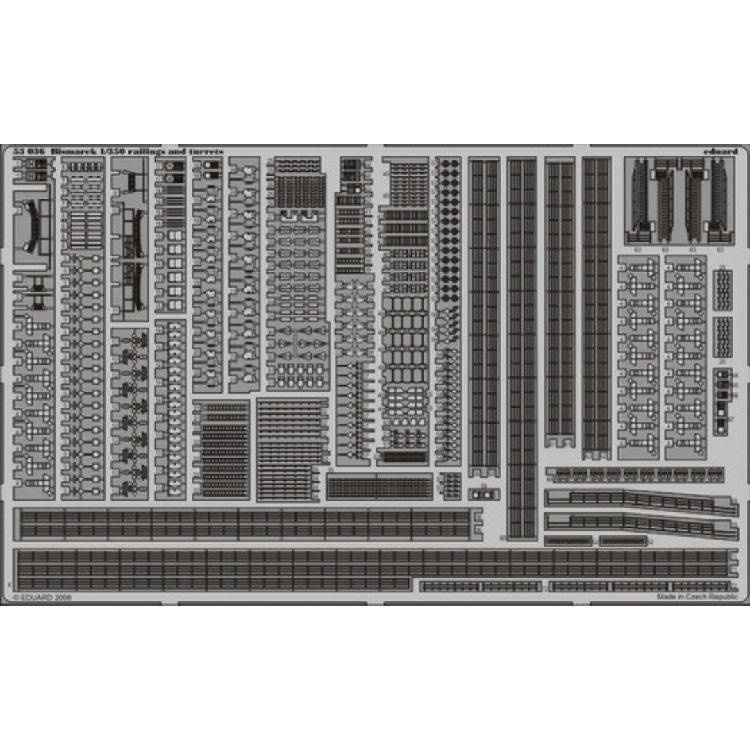 Photo of Eduard 53036 Bismarck photo-etched railings and turrets detail set for Revell 1:350 scale battleship model kit