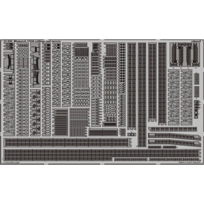 Photo of Eduard 53036 Bismarck photo-etched railings and turrets detail set for Revell 1:350 scale battleship model kit