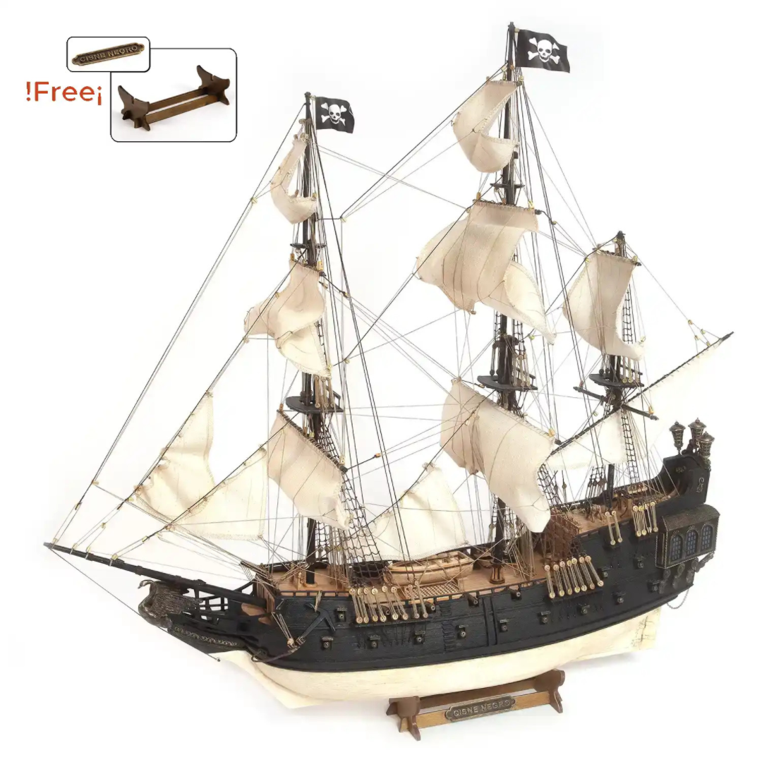 Photo of OcCre Black Swan wooden model ship kit 1:75 scale, detailed pirate vessel with sails and nameplate