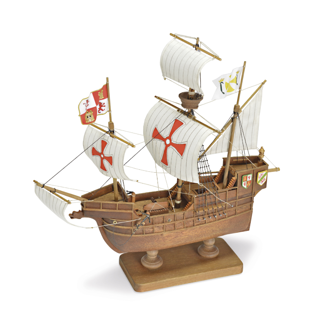 Photo of Amati First Step Model Santa Maria 1:100 scale wooden ship kit showing assembled model with wooden hull and sails.