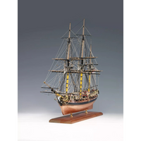 Photo of the Amati HMS Pegasus wooden model ship kit in 1:64 scale, showcasing premium materials and detailed components.