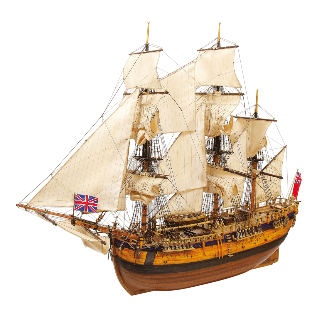 Photo of the OcCre Endeavour wooden model ship kit at 1:54 scale, fully assembled with detailed rigging and sails.