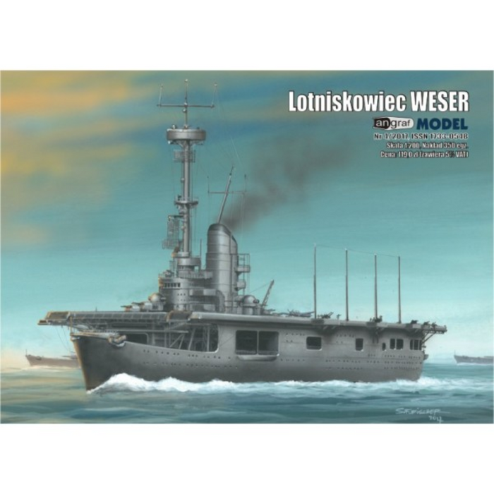 Photo of the Angraf 1:200 scale German aircraft carrier Weser card model kit showing detailed parts and historical ship structure
