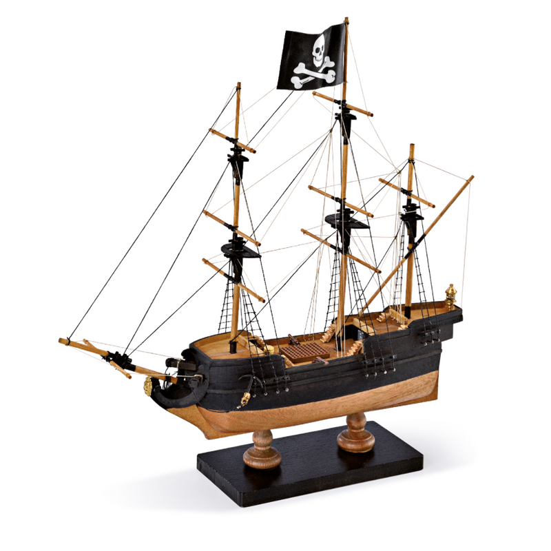 Photo of Amati First Step Pirate Ship 1:135 Scale Wooden Model Kit (A600.01) fully assembled.