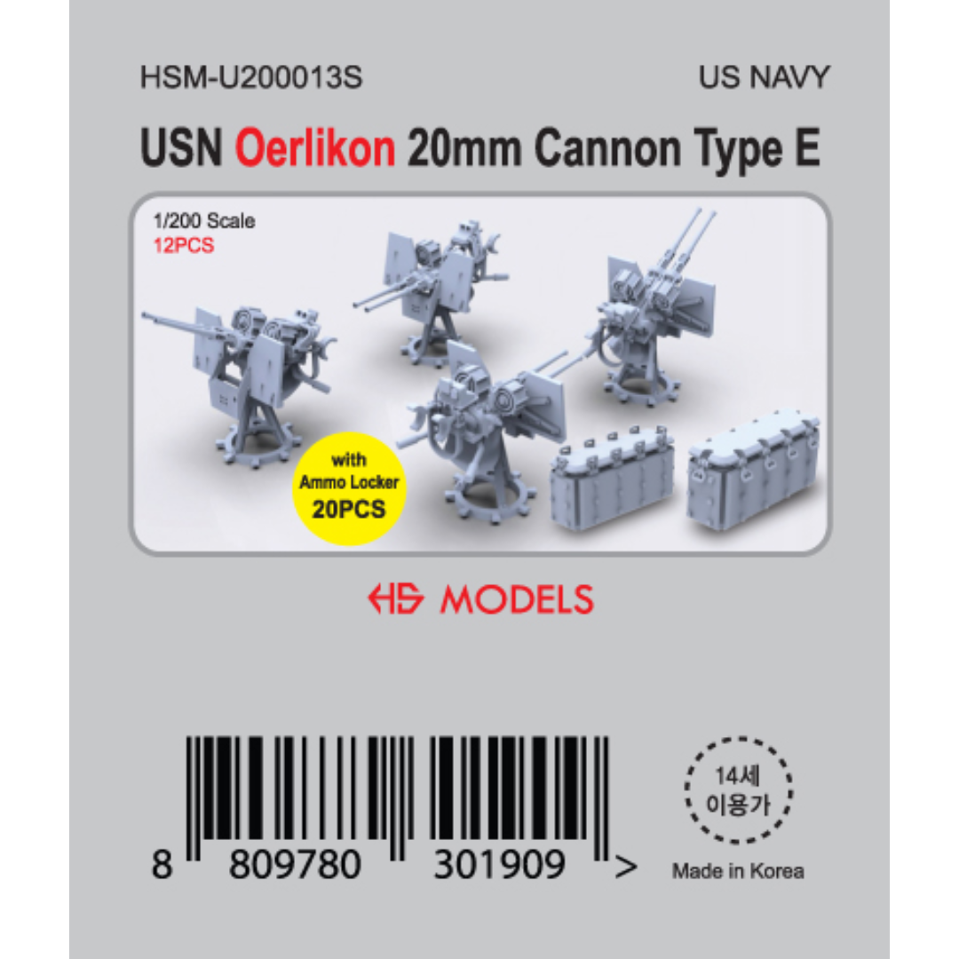 Photo of USN Oerlikon 20mm Cannon Type E resin set 1:200 by HS Model with 12 cannons and 20 ammo lockers