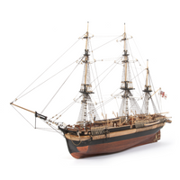 Photo of OcCre HMS Erebus wooden model ship 1:75 scale from Franklin Expedition with sails and display base