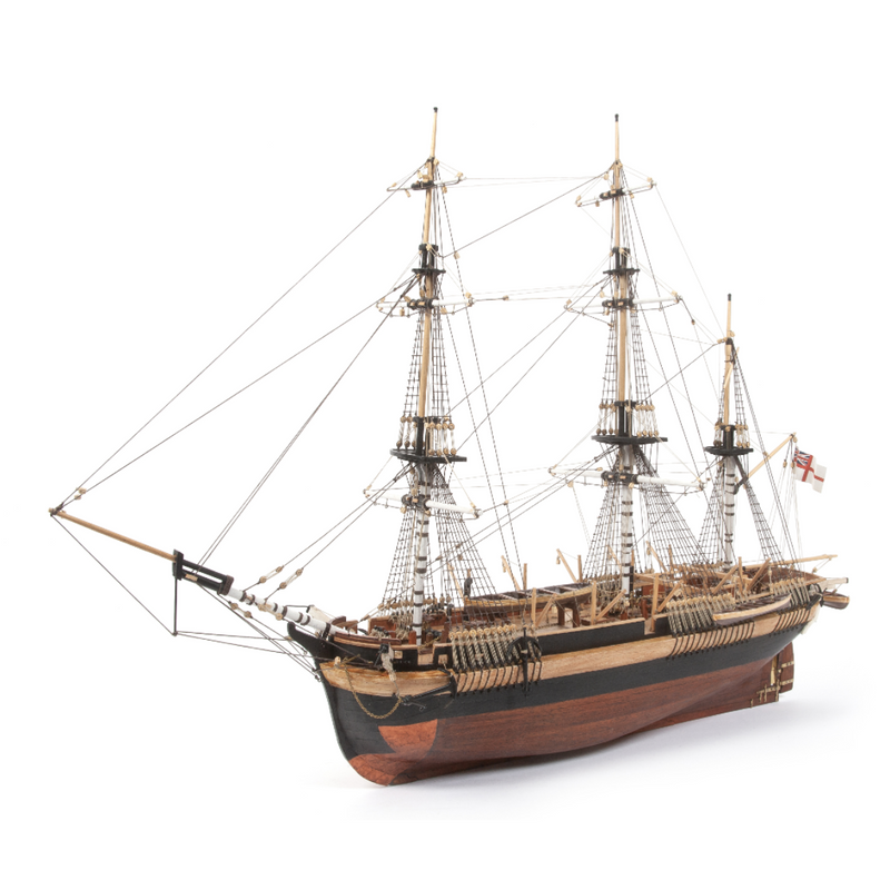 Photo of OcCre HMS Erebus wooden model ship 1:75 scale from Franklin Expedition with sails and display base