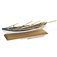 Photo of the Amati 1:16 scale New Bedford Whaleboat model kit showing detailed wooden construction and historical maritime design.
