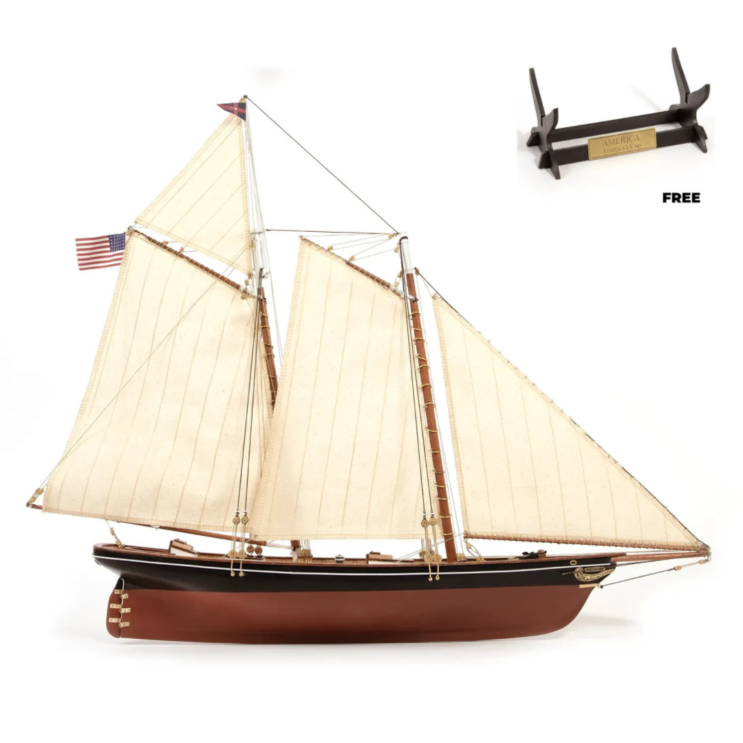 Photo of America 1851 yacht model kit 1:75 scale by OcCre showing detailed wooden hull and rigging
