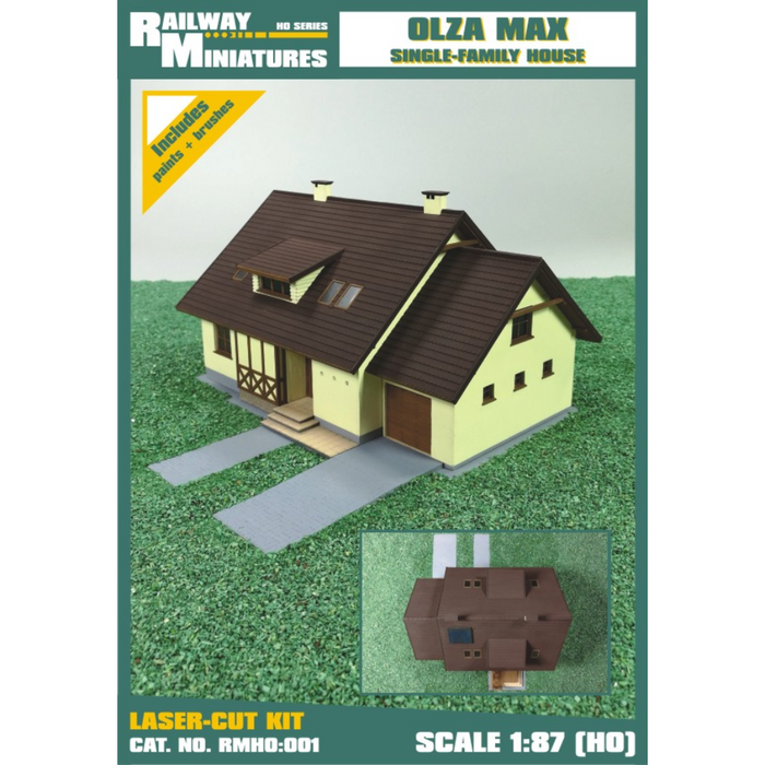 Photo of Olza Max Single-Family House 1:87 scale card model kit from Vessel Railway Miniatures, laser cut frame, perfect for HO dioramas