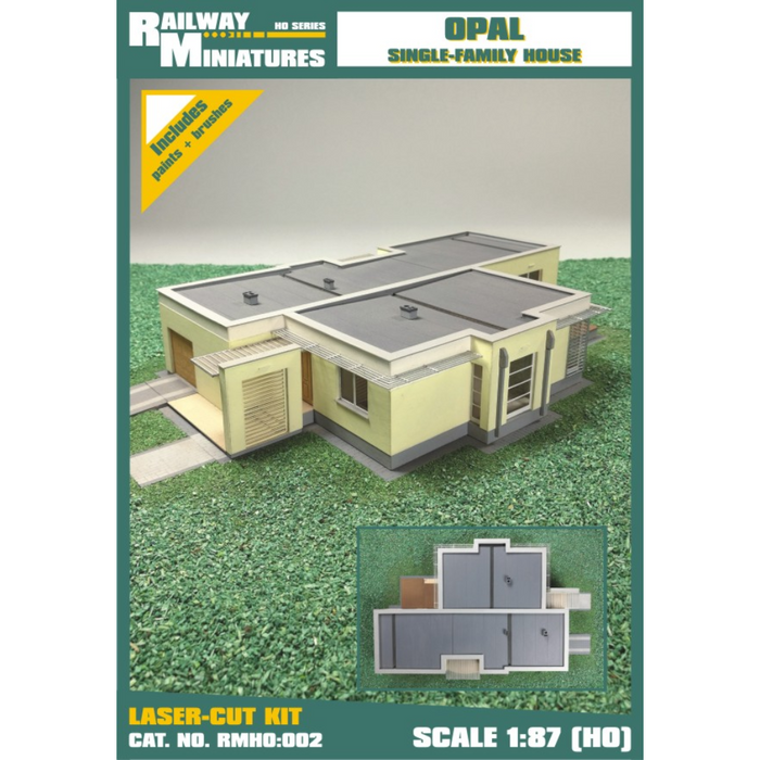 Photo of Opal Single-Family House 1:87 scale laser-cut card model kit by Vessel Railway Miniatures for HO scale railway dioramas