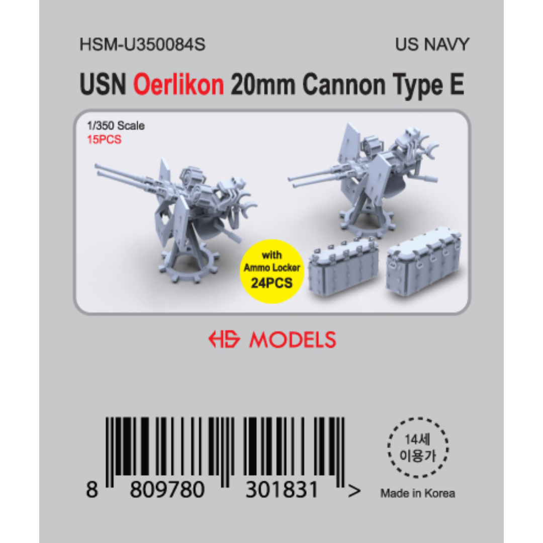 Photo of USN Oerlikon 20mm Cannon Type E 1:350 scale HS Model set with 15 cannons and 24 ammo lockers