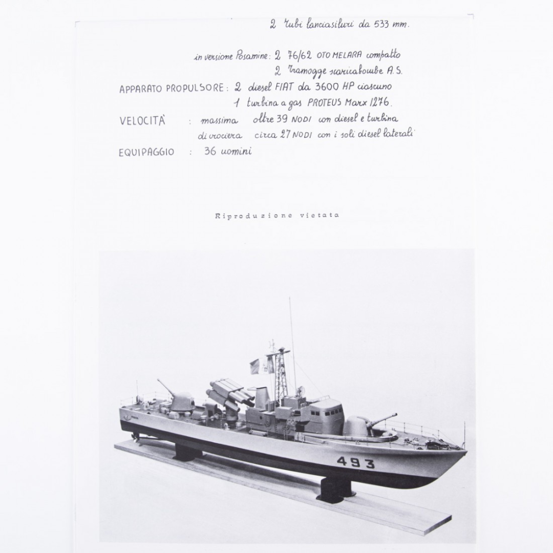 Photo of Amati Freccia Motor Gun Boat model plans B1062, scale 1:50, showing detailed ship blueprints and layout drawings.