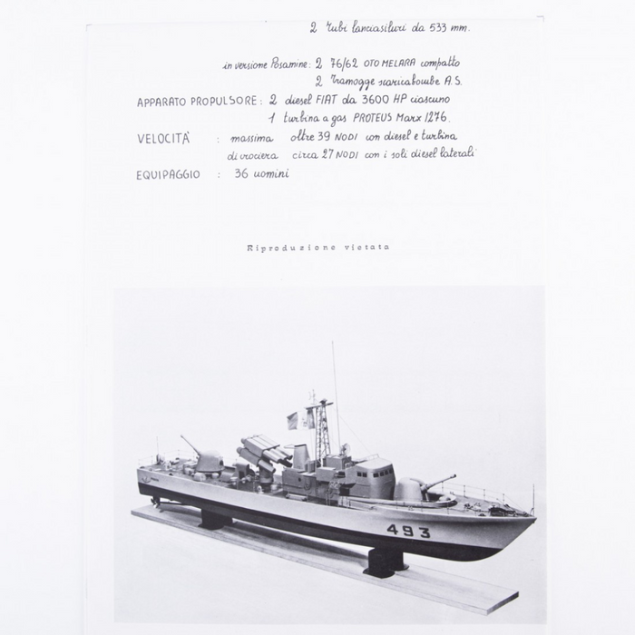 Photo of Amati Freccia Motor Gun Boat model plans B1062, scale 1:50, showing detailed ship blueprints and layout drawings.