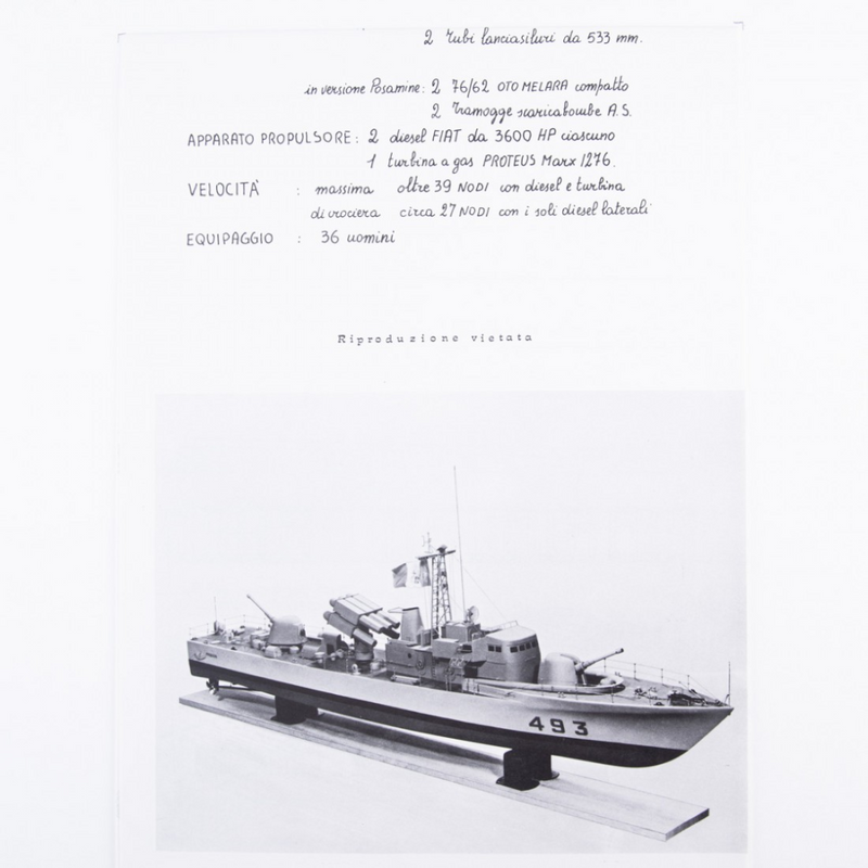 Photo of Amati Freccia Motor Gun Boat model plans B1062, scale 1:50, showing detailed ship blueprints and layout drawings.