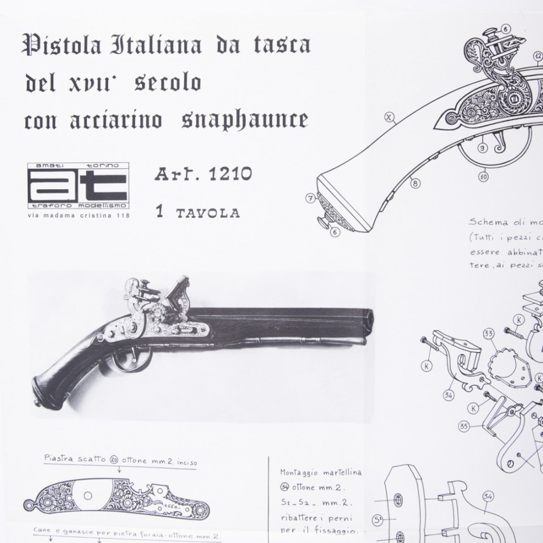 Photo of Amati B1210 Pocket Pistol Plan showing detailed drawings of a 17th-century Italian snaphaunce flintlock pistol