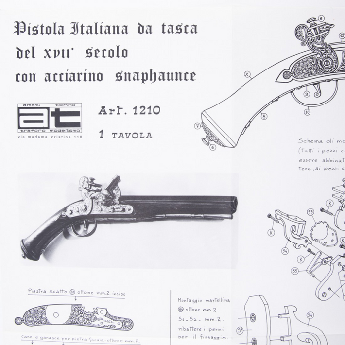 Photo of Amati B1210 Pocket Pistol Plan showing detailed drawings of a 17th-century Italian snaphaunce flintlock pistol
