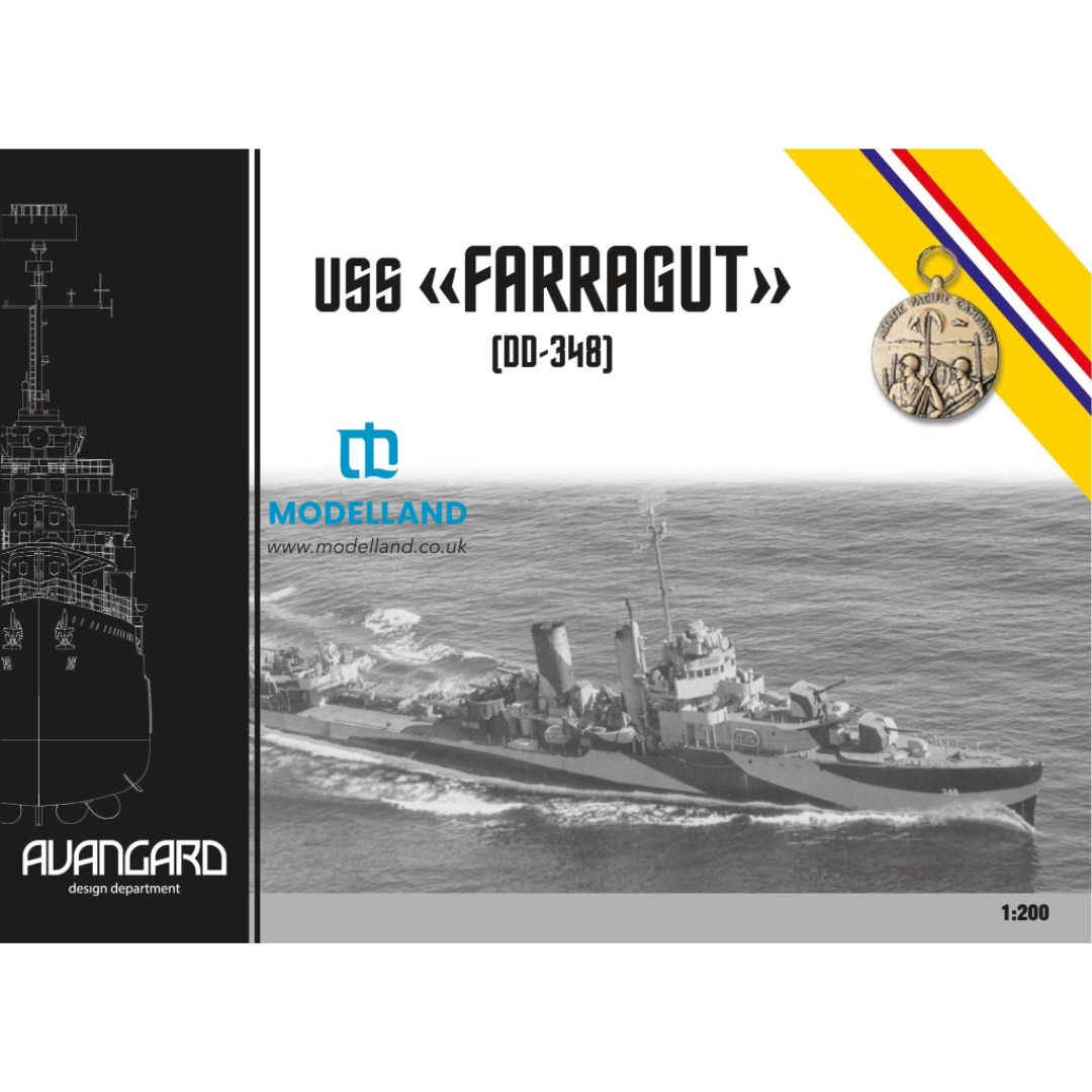 Photo of USS Farragut DD-348 Avangard 1:200 card model kit with laser cut frame and detail set