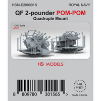 Model kit packaging for QF 2-pounder POM-POM Quadruple Mount by HS Models with a gray background.