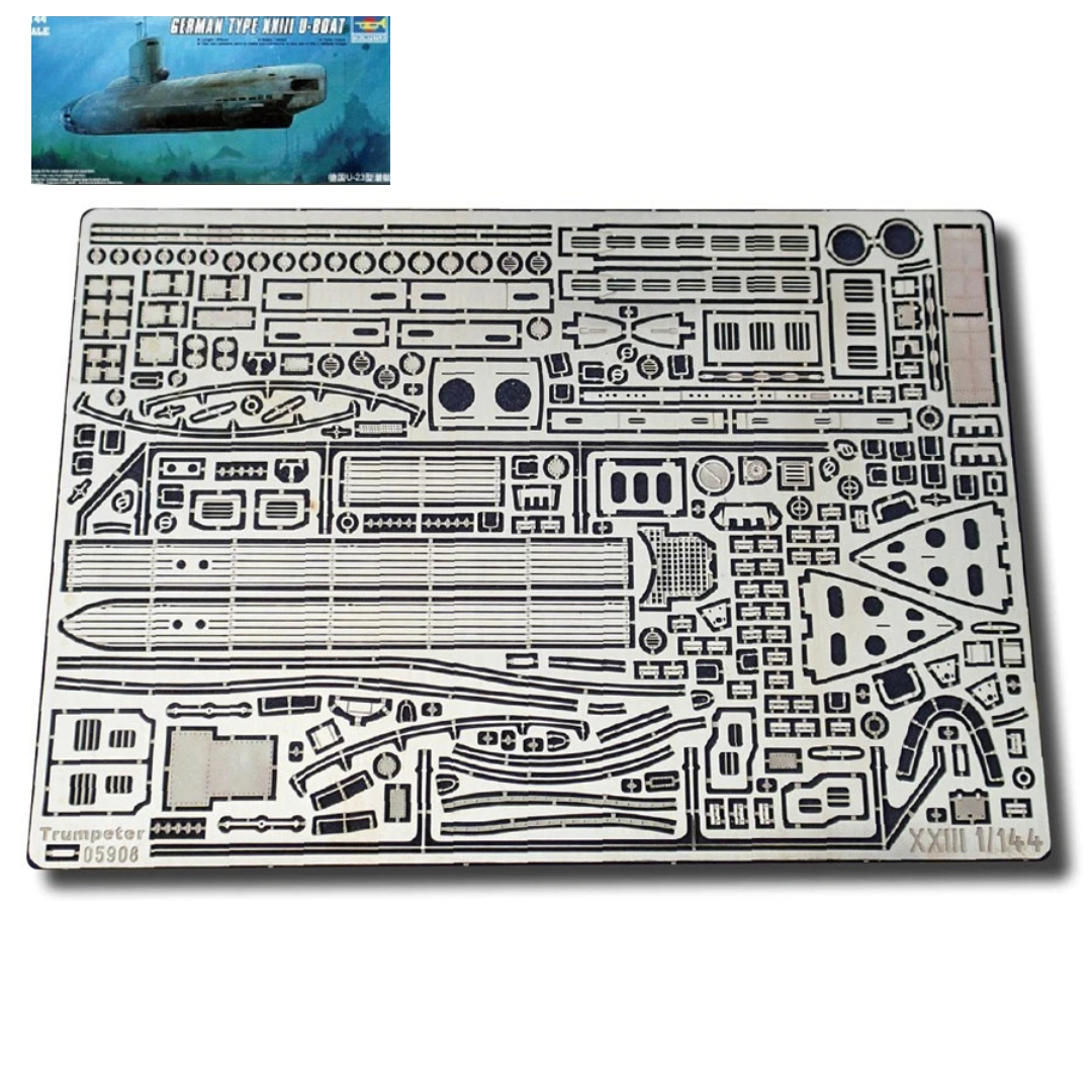 Photo of 1:144 scale German U-Boat Type XXIII detail set with photo-etched and 3D-printed resin parts for Trumpeter 05908 submarine model