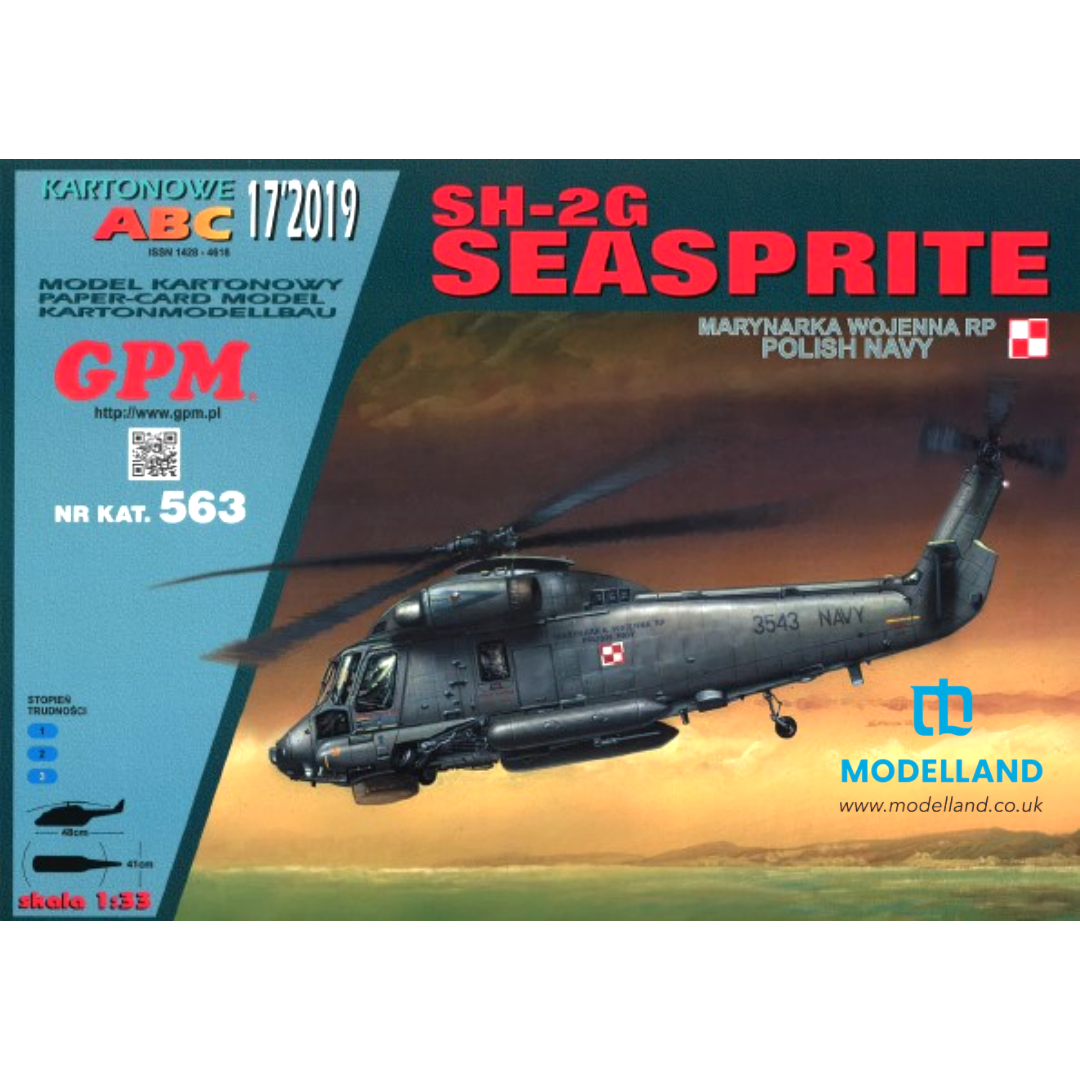 Photo of the Seasprite SH-2G 1:33 scale paper model kit from GPM showing detailed parts and realistic helicopter design