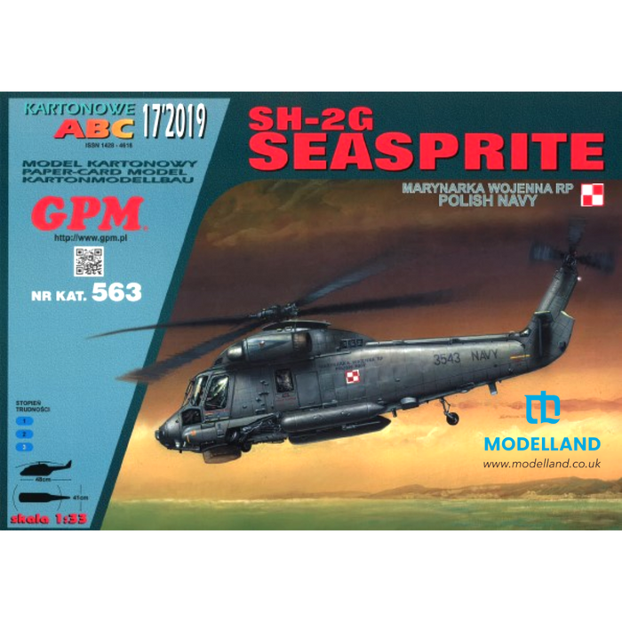 Photo of the Seasprite SH-2G 1:33 scale paper model kit from GPM showing detailed parts and realistic helicopter design