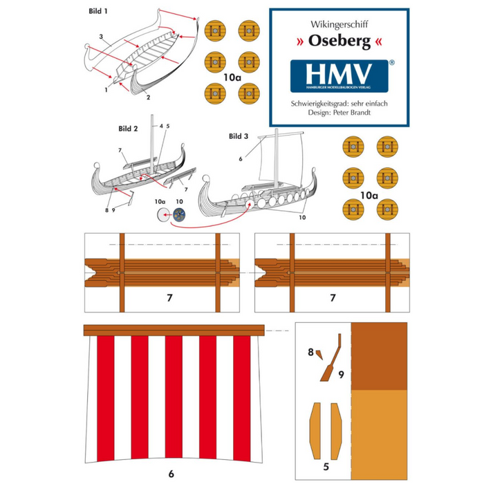 Photo of Viking Longship Oseberg Card Model Kit by HMV, easy papermodel for kids and beginners showing detailed hull and shields.