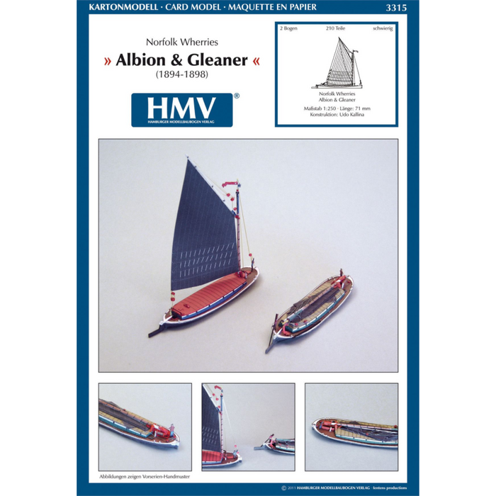 Photo of HMV Norfolk Wherries Albion & Gleaner 1:250 scale card model kit with detailed paper parts and historical English sailing vessel design