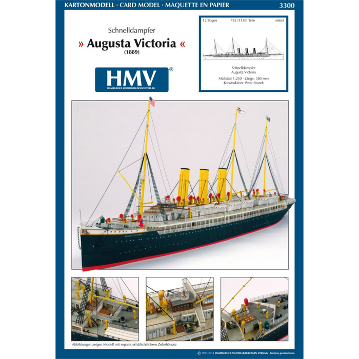 Photo of HMV Augusta Victoria 1:250 paper model kit, detailed German ocean liner by Peter Brandt with lifeboats and fine deck details.